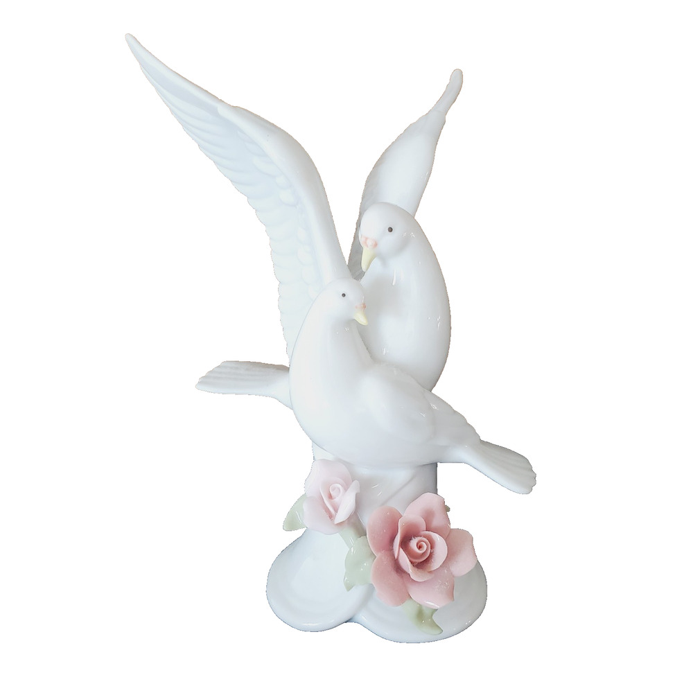 Vintage 1999 Porcelain Doves With Pink Roses Shelf Sitter Figurine Collectible